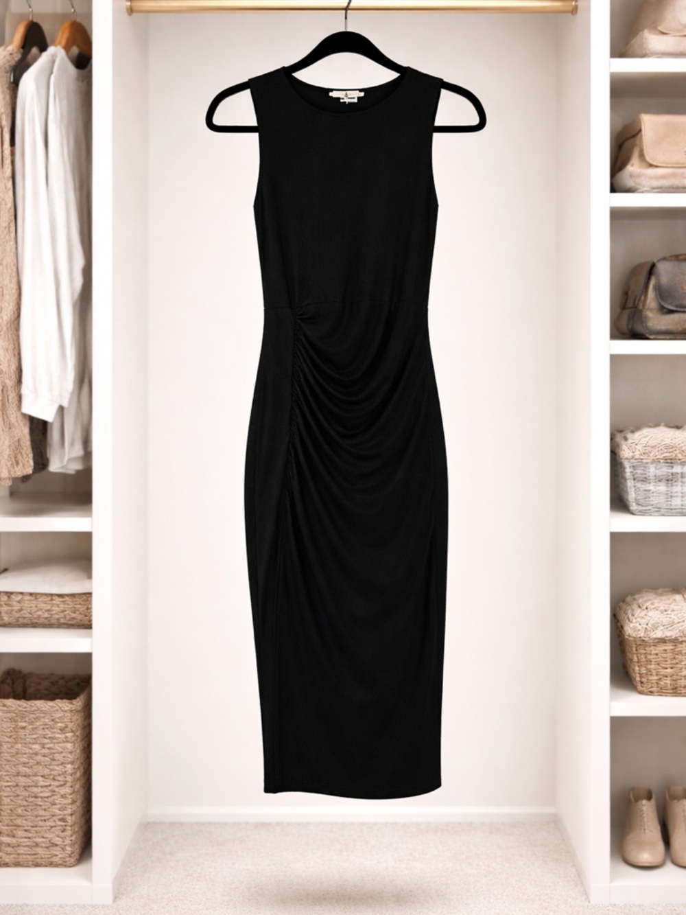 Antistar Black Ruched Midi Dress Size M Stretch Bodycon Classic Minimalist